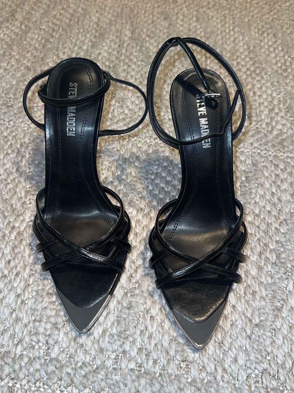 Steve Madden Black Strappy Pointed-Toe Ankle Strap Heels